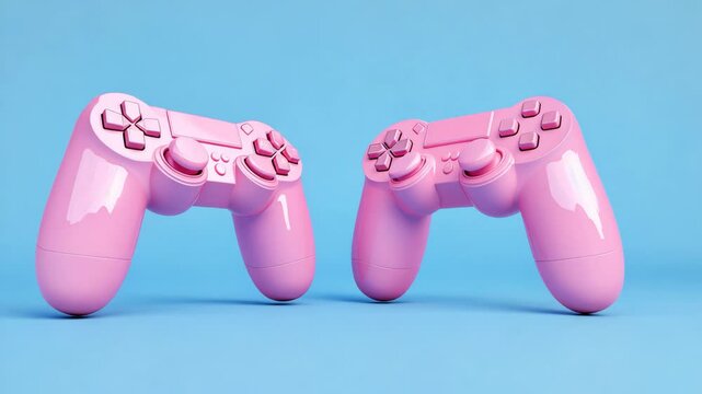 Two vibrant pink game controllers on a bright blue background highlight modern gaming aesthetics