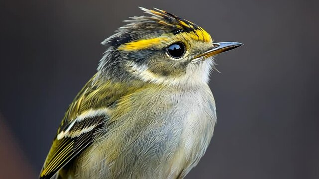 Captivating close-up of a striking golden-crowned kinglet perched among soft foliage in natural habitat