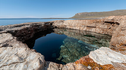 Coastal rock pool, clear water, sunny day, island background, travel photography