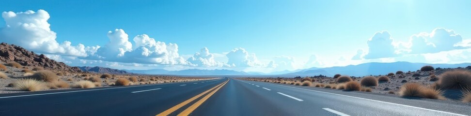 Empty blacktop curves gently beneath cloudless azure expanse , summer, bright, solitude