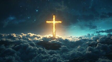 Fototapeta premium Celestial Cross: Divine Light Descends, Spiritual Awakening, Heavenly Symbol, Faith, Belief, Hope, Religion, Gospel, Christianity, God, Jesus, Holy 