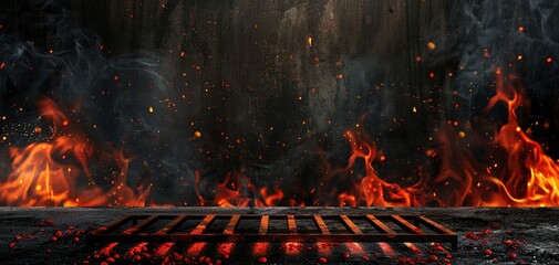 Hot empty portable barbecue BBQ grill with flaming fire and ember charcoal on black background