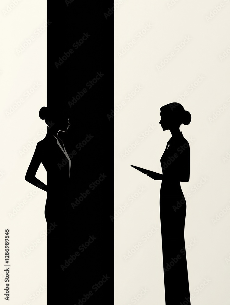 Aufkleber two stylish women in silhouette converse in a modern setting with contrasting colors at twilight. ge