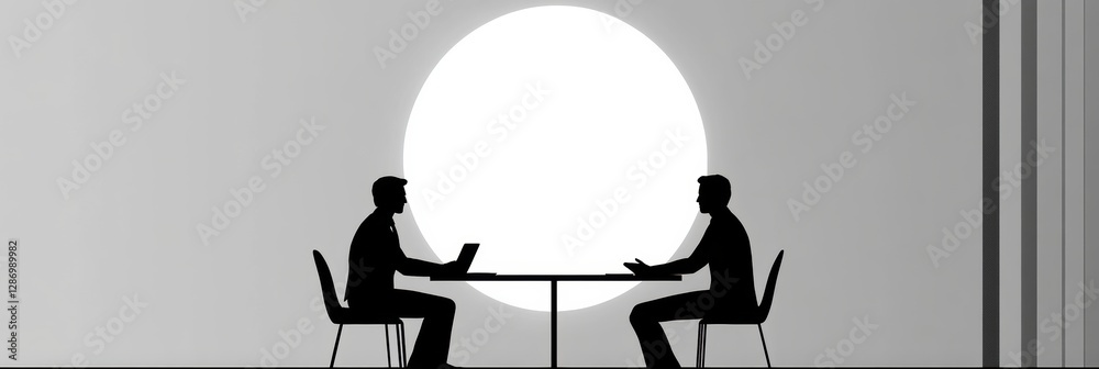 Fototapete two individuals engage in a discussion at a table with a prominent circular light behind them during