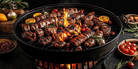 Assorted delicious grilled meat with vegetables over the coals on a barbecue