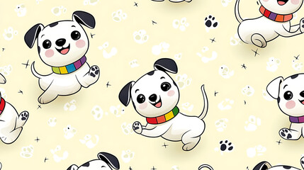 A cartoon dog wearing a rainbow colored collar is shown in a pattern. generated using AI