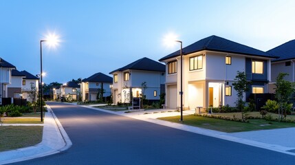 Residential street at twilight, houses lit up, suburban neighborhood