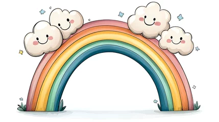 Wanddecoratie Regenboog A rainbow with clouds and smiling faces. generated using AI  © Aino Minako