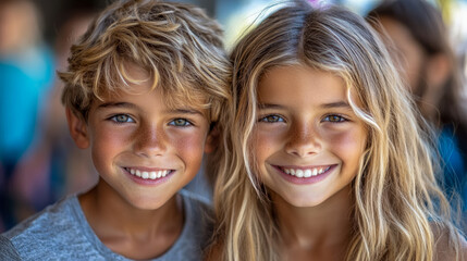 A joyful brother and sister portrait beaming with happiness.