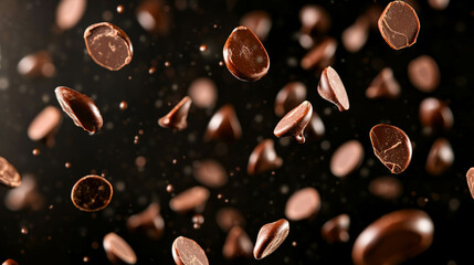 Floating chocolate chips on dark background for confectionery design