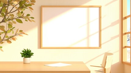 Fototapeta premium Bright Minimalist Home Office Setup with Empty Frame and Plant