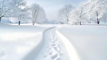Fototapeta premium Snowy path winding through winter park; tranquil scene