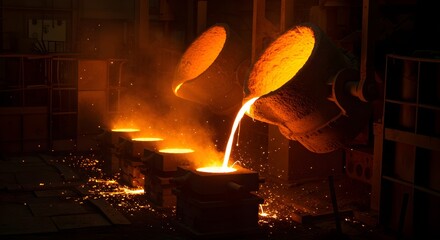 Hot molten metal pouring from ladles in steel foundry at night. Industrial metallurgy process with sparks and glow. Manufacturing and production concept