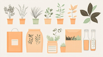 A collection of potted plants and containers, including a bag, a bottle