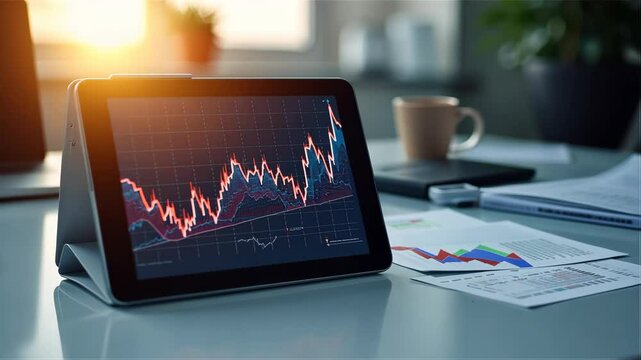 Person is using a tablet to look at a graph on a table. The tablet is open to a page with a graph on it