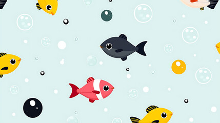 Obraz premium A cartoonish drawing of several fish swimming in a blue ocean. generated using AI