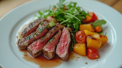 Sliced steak dinner plate with roasted vegetables, restaurant setting