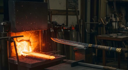 Red hot metal blade forging process in blacksmith workshop. Traditional sword making in dark smithy with glowing furnace and sparks. Manufacturing and metalworking concept