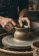 African american craftsman creating ceramic pot on pottery wheel. Traditional handmade pottery making process in rustic workshop. Artisan clay working and craftsmanship