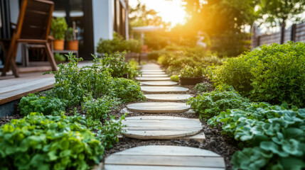 Fototapeta premium Pathway to tranquility: stepping stones through a lush garden, bathed in golden sunlight.