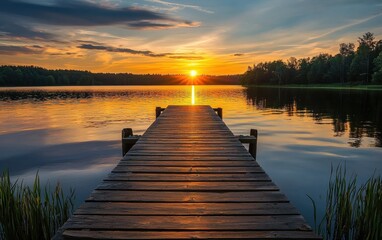 Obraz premium Professional stock photo of a Wooden Dock Extending into a Serene Lake at Sunset