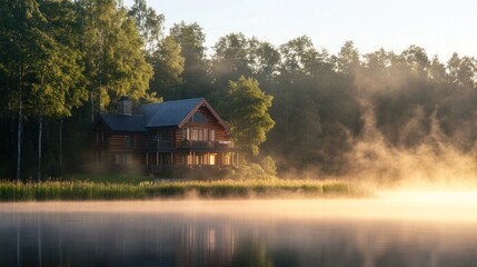 Log Cabin on Misty Lake at Sunrise Surrounded by Forest Trees