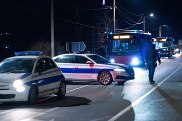Road police blocked traffic at night