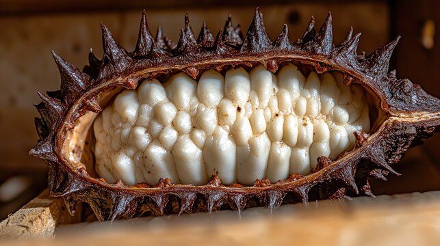 Mocambo seed pod split open to reveal white pulpy seeds inside a spiky brown shell, resting on a rustic wooden background.