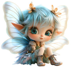 Fluffy 3D Cartoon Fairy Sitting Isolated on Transparent Background
