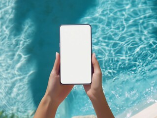 Smartphone in Hand Above Glimmering Pool Water