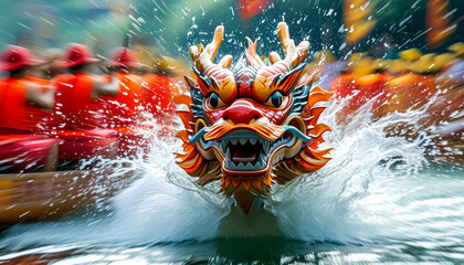 Dragonboat festival concept: Dragon Boat Energy, intense dragon boat race scene, Dynamic splashes of water and blurred oars in motion create a sense of speed and excitement, Duanwu, Chinese tradition