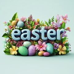 Easter composition with vibrant patterned eggs, flowers, and the word Easter on a soft pastel background. A perfect festive decoration for seasonal celebrations