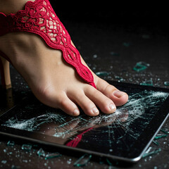 Piede di donna pesta e rompe un display di tablet, smartphone