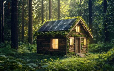Fototapeta premium Professional stock photo of a Eco-friendly tiny house made of recycled materials in nature