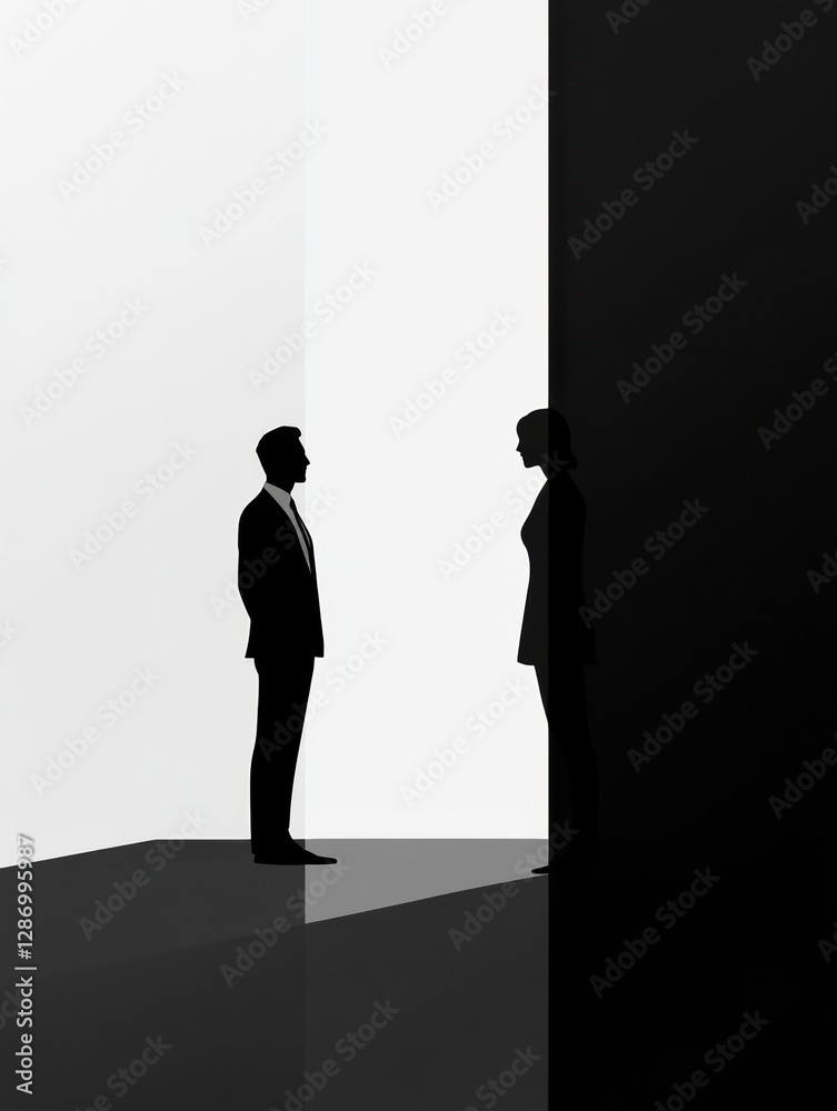 Fototapete interaction between two silhouettes in a stark contrast setting with geometric shapes in black and w
