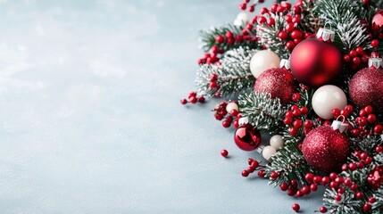 Festive Christmas wreath with ornaments, berries, and snow; winter holiday background