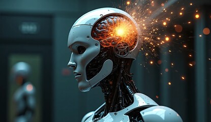 Futuristic robot with glowing brain and sparks in a technology setting