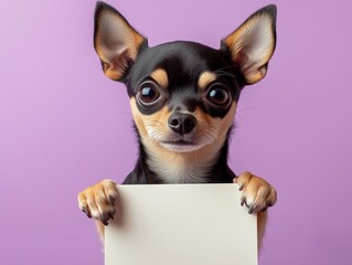 Cheerful, funny chihuahua holding up an empty sign, a white blank board with space for text, on a purple background.