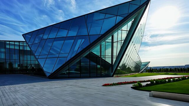 Modern architectural design showcased at a unique glass building in an urban landscape