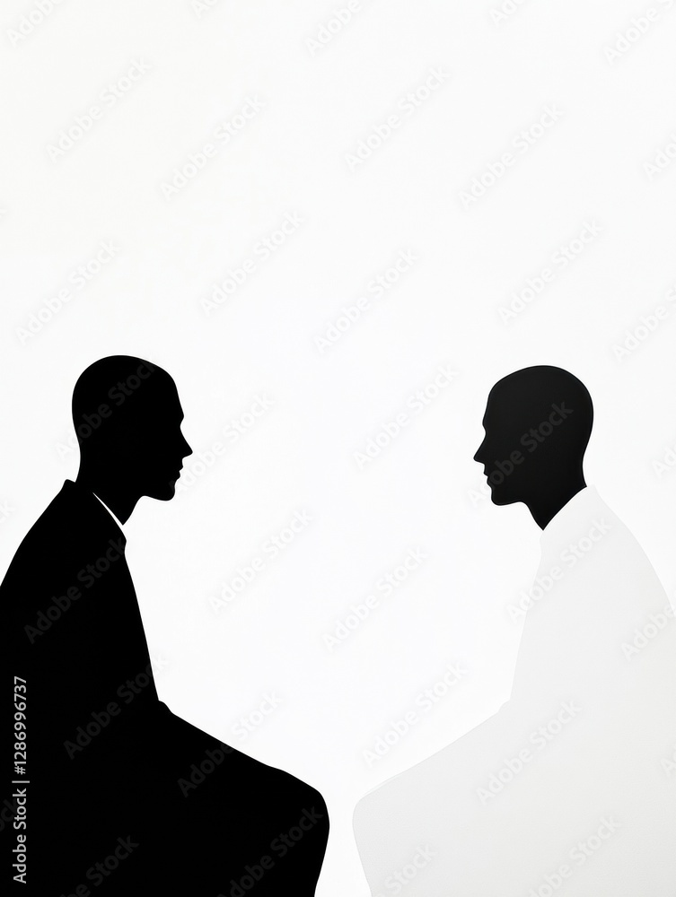 Poster two silhouettes in thoughtful conversation against a minimalistic light background showing emotional