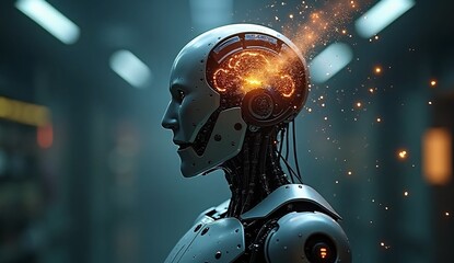 Futuristic Robot Profile with Glowing Brain Sparks and Technology Aura