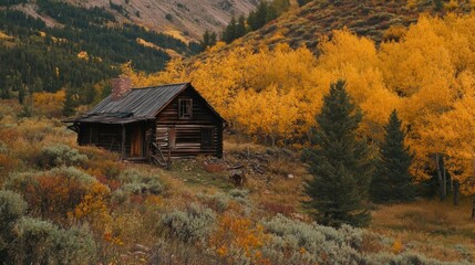 Rustic Log Cabin Surrounded by Vibrant Autumn Foliage in Mountain Landscape