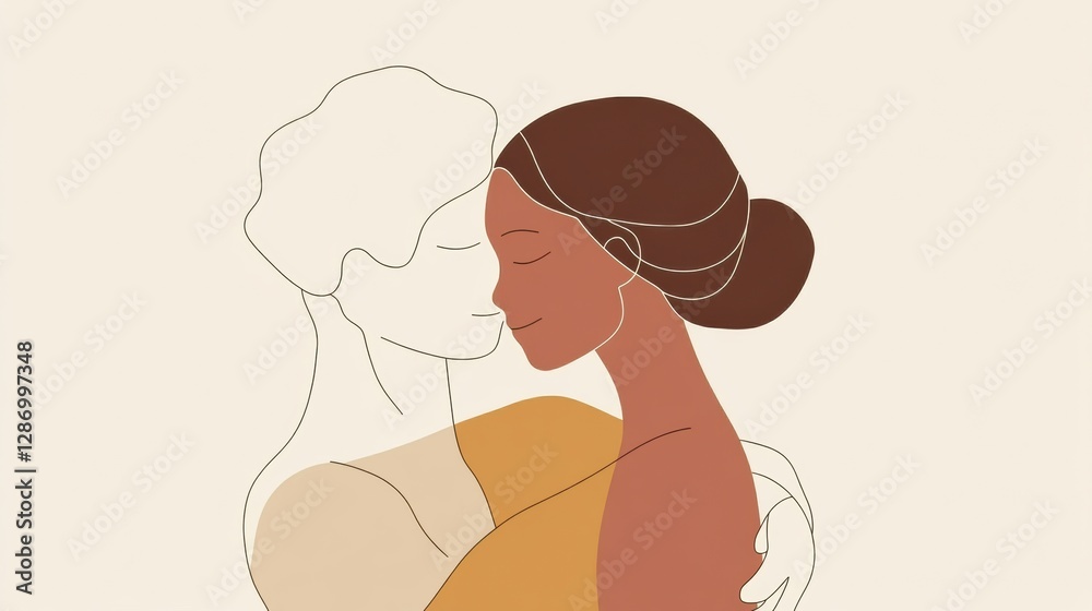 Poster two people sharing a warm embrace in a minimalist illustration conveying love and connection between