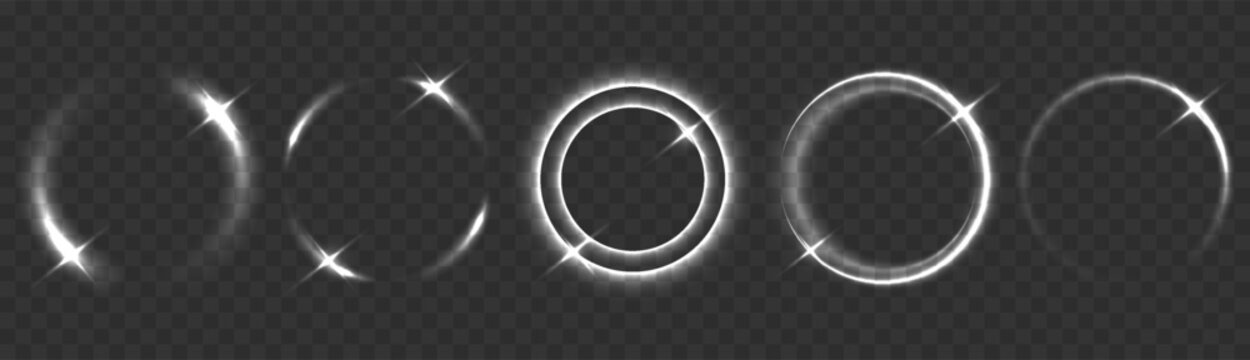 Light white circle. Neon light effect of white line. Abstract white light vector flare semicircle. Luminous white circle portal.