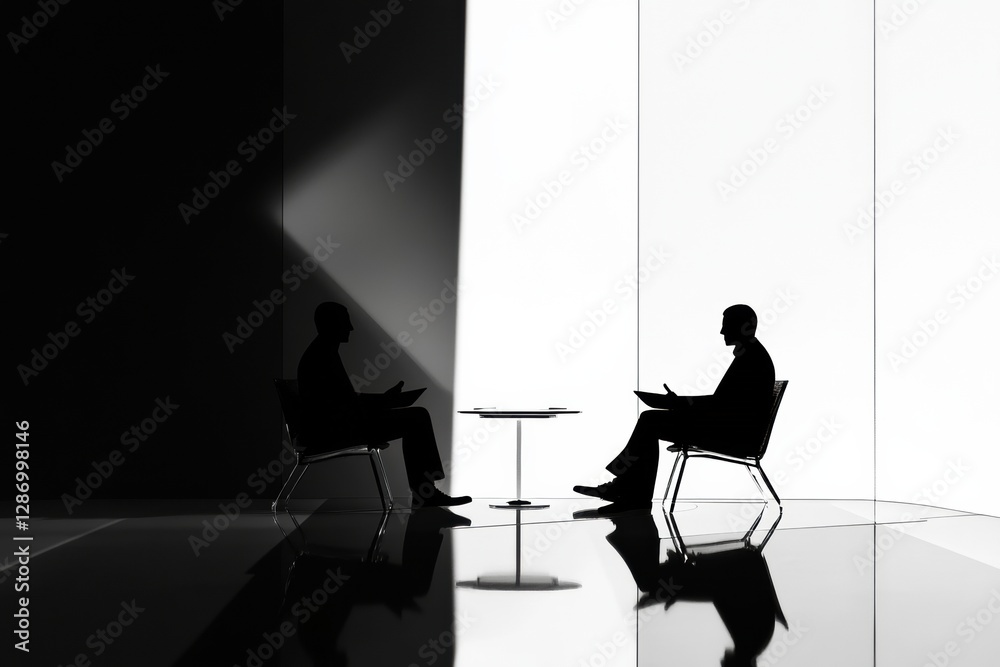 Fototapete Two silhouettes engage in a discussion in a minimalist setting with contrasting lighting effects during an evening meeting. Generative AI