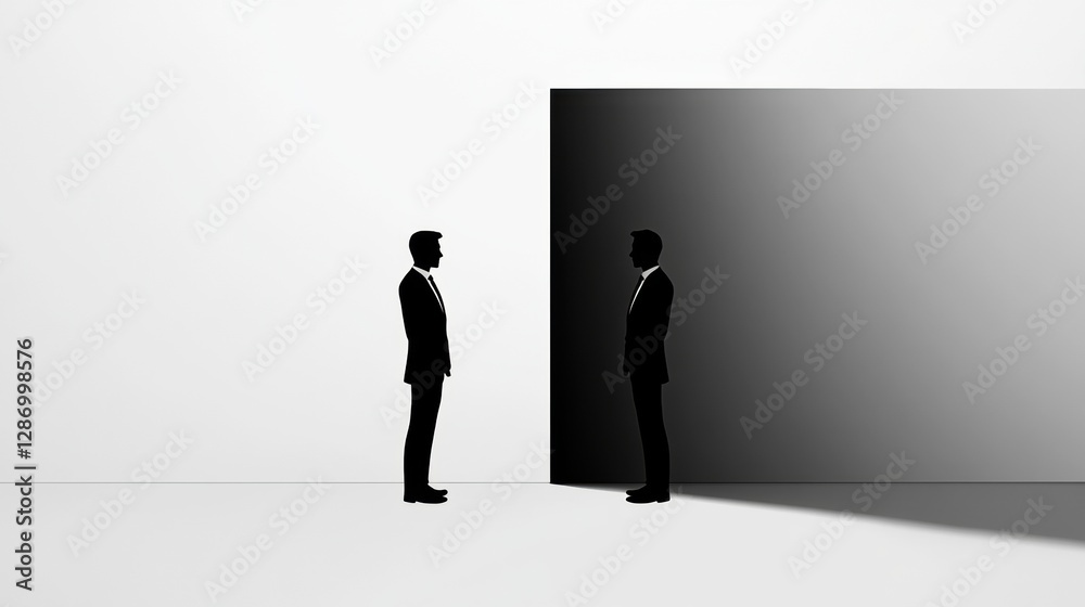 Poster two individuals stand facing each other in a minimalistic space with contrasting black and white bac