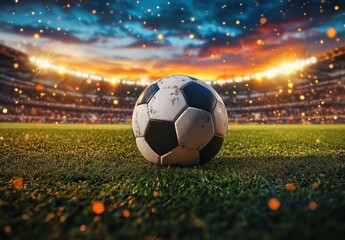 Fototapeta premium Soccer ball resting on field in illuminated stadium at sunset