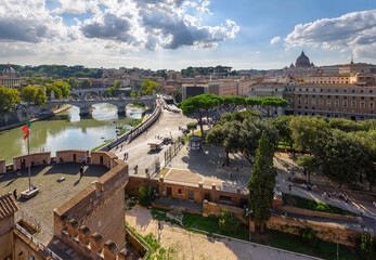 Skyline of Rome, Saint Peter Basilica, Vatican and river Tiber, Italy. Rome architecture and...