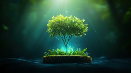 A vibrant green tree glows magically on a small island perfect for nature websites or environmental projects.