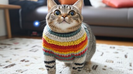 Fototapeta premium Cute Cat Wearing Colorful Knitted Sweater Indoors Adorable Pet Portrait